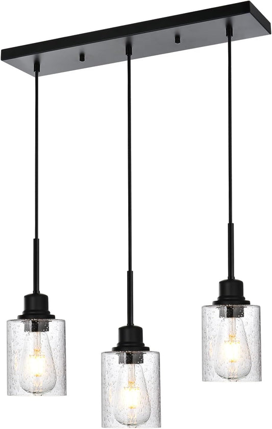 Modern 3-Light Pendant Island Light Fixture Black Ceiling Hanging Lights with Clear Seeded Glass and Adjustable Cord,Industrial Pendant Lighting for Kitchen Living Room Dining Room Foyer