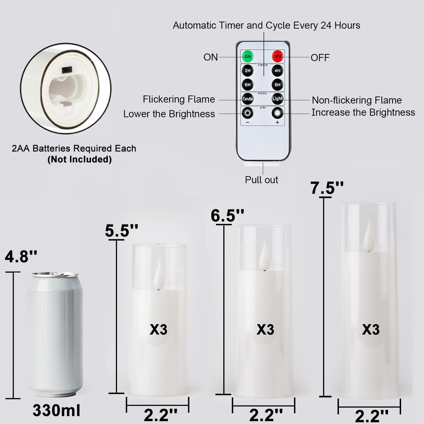 Amagic Pure White Flameless Candles, 9 Pack Battery Operated Candles with Remote and Timer, Acrylic Flickering Electric LED Candles for Wedding, Holiday Decor, D2.2''xH5''6" 7", Warm Yellow Glow