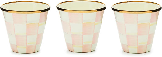 MACKENZIE-CHILDS Enamel Herb Pots, Small Plant Pots for Herbs or Flowers, Set of 3, Pink-and-White Rosy Check