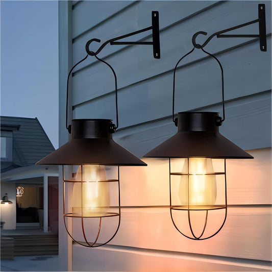 pearlstar Solar Lanterns Outdoor Metal Solar Powered Hanging Lights Waterproof for Wall Barn Yard Garden Patio Garage Balcony Porch Fence Decor, Warm White Edison Bulb (Black-2pack)
