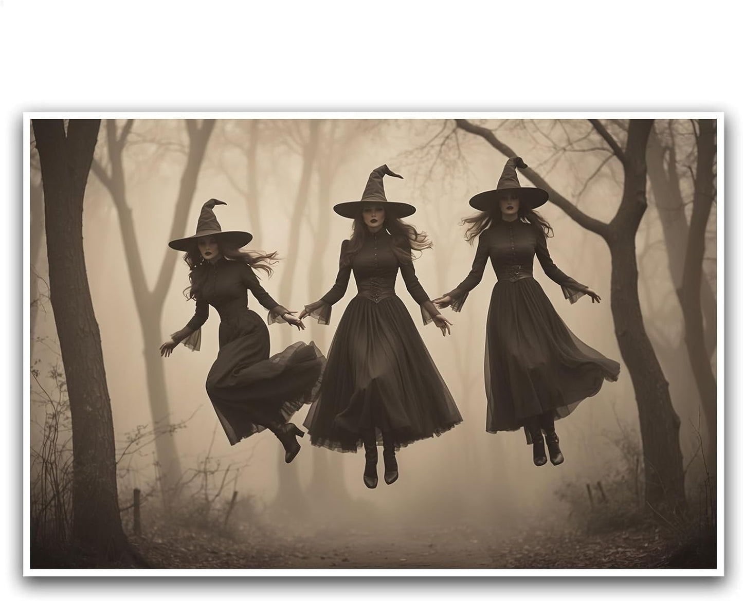 JFHCQJPK Three ghost witches flying in vintage forest gothic wall art witchcraft decoration holiday gift canvas wall art print20x30in Frameless