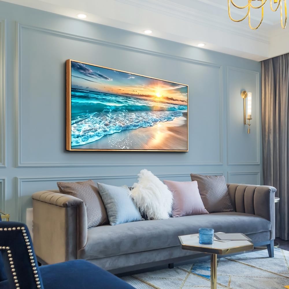 hyidecorart Large Wall Art For Living Room Wall Decor For Bedroom Office Wall Decor Wood Framed Canvas Wall Painting Blue Sea Wave Pictures Modern Beach Seascape Posters Home Decorations Artwork
