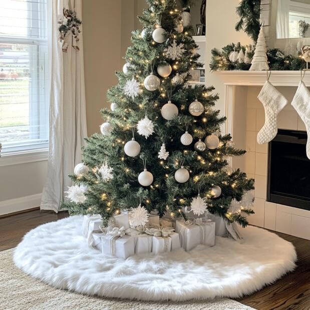 AOGU 60 Inch Faux Fur Christmas Tree Skirt White Plush Skirt for Merry Christmas Party Christmas Tree Decoration