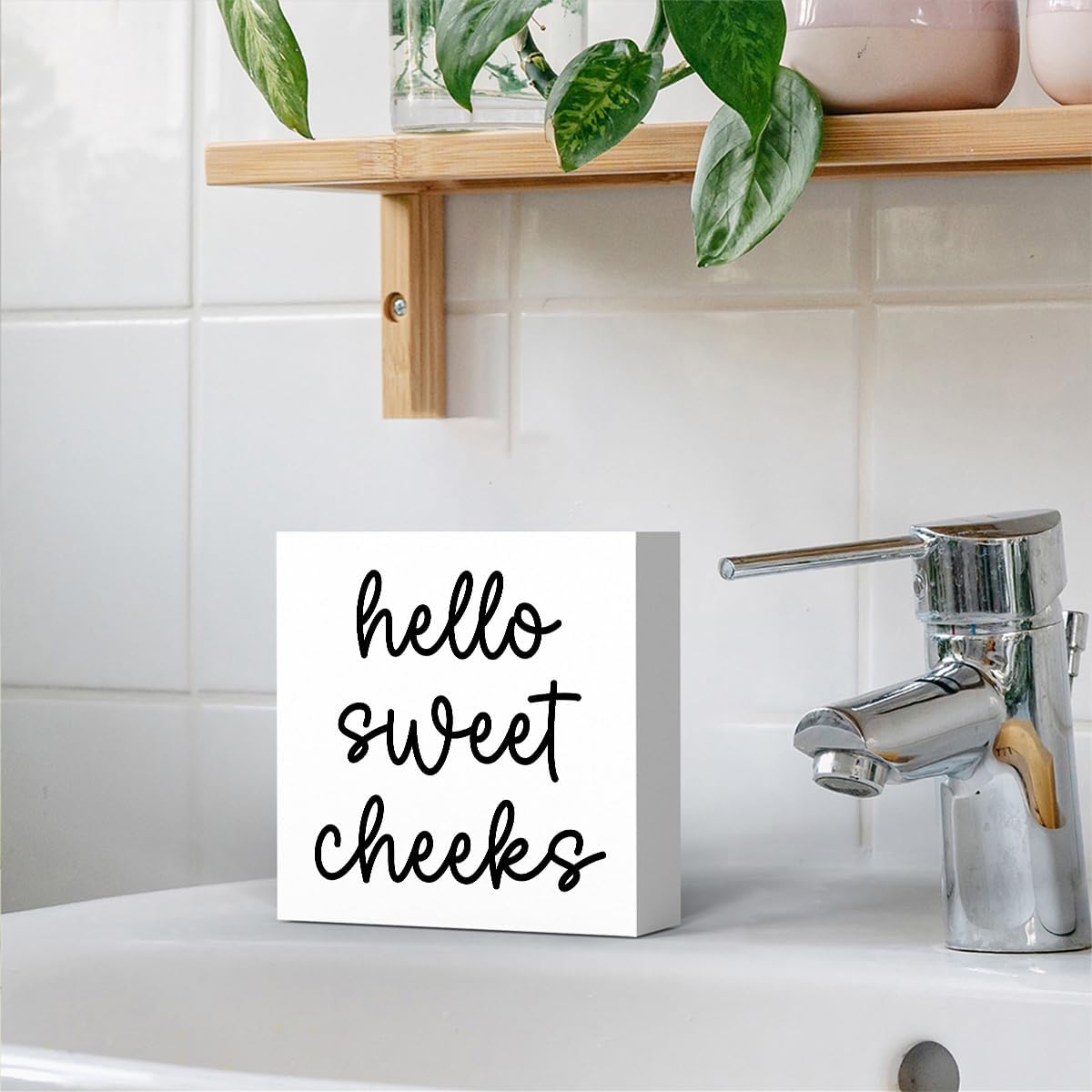 Hello Sweet Cheeks Bathroom Decor, Funny Bathroom Signs Decoration, Black and White Bathroom Decoration, Bathrooms Decor for Shelves, Wooden Box Decoration Sign for Home Farmhouse Living Room Table
