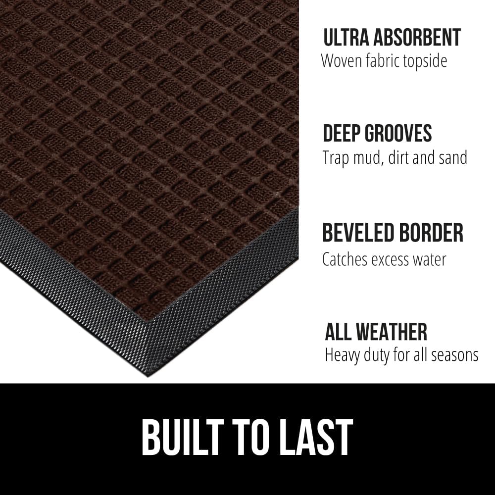 GORILLA GRIP 100% Waterproof All-Season WeatherMax Doormat, 34x58, US Designed Natural Rubber, Stain and Fade Resistant, Low Profile Indoor Outdoor Door Mats, Easy Clean Patio Mat, Coffee Squares
