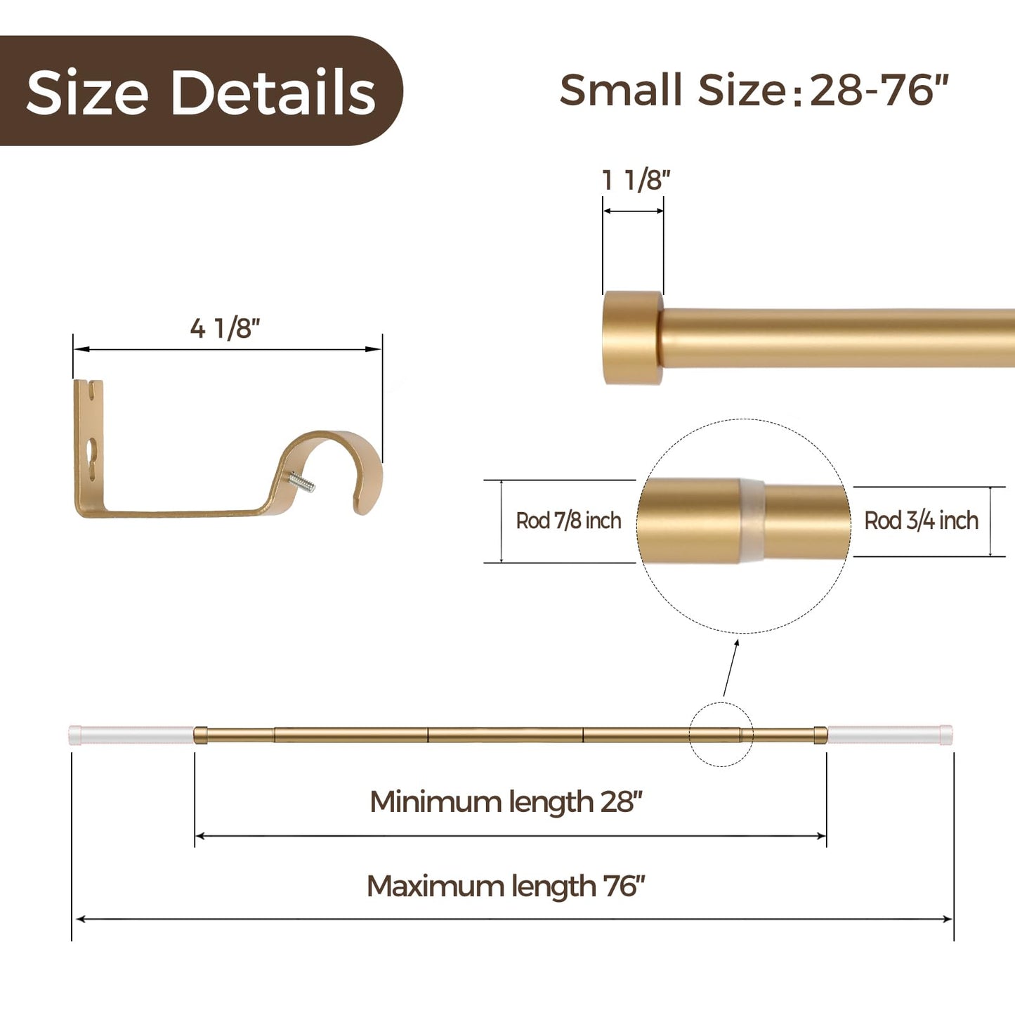 Adjustable Gold Curtain Rod Set - Heavy Duty (28-76" or 28-140" Options)