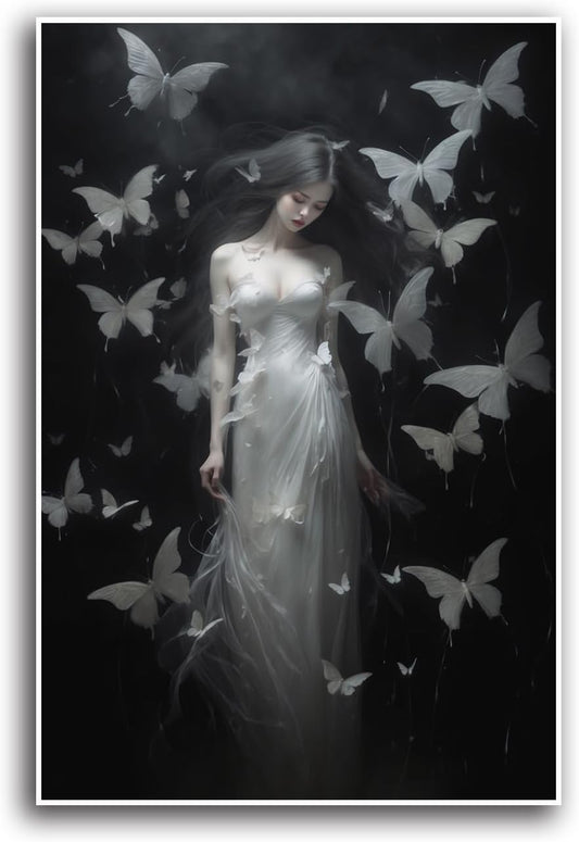 JFHCQJPK Vintage Gothic Feminine Canvas Wall Art Print Butterfly Poster Moody Female Wall Art Retro Artwork Dark College Decor for Home Bedroom16x24in Frameless