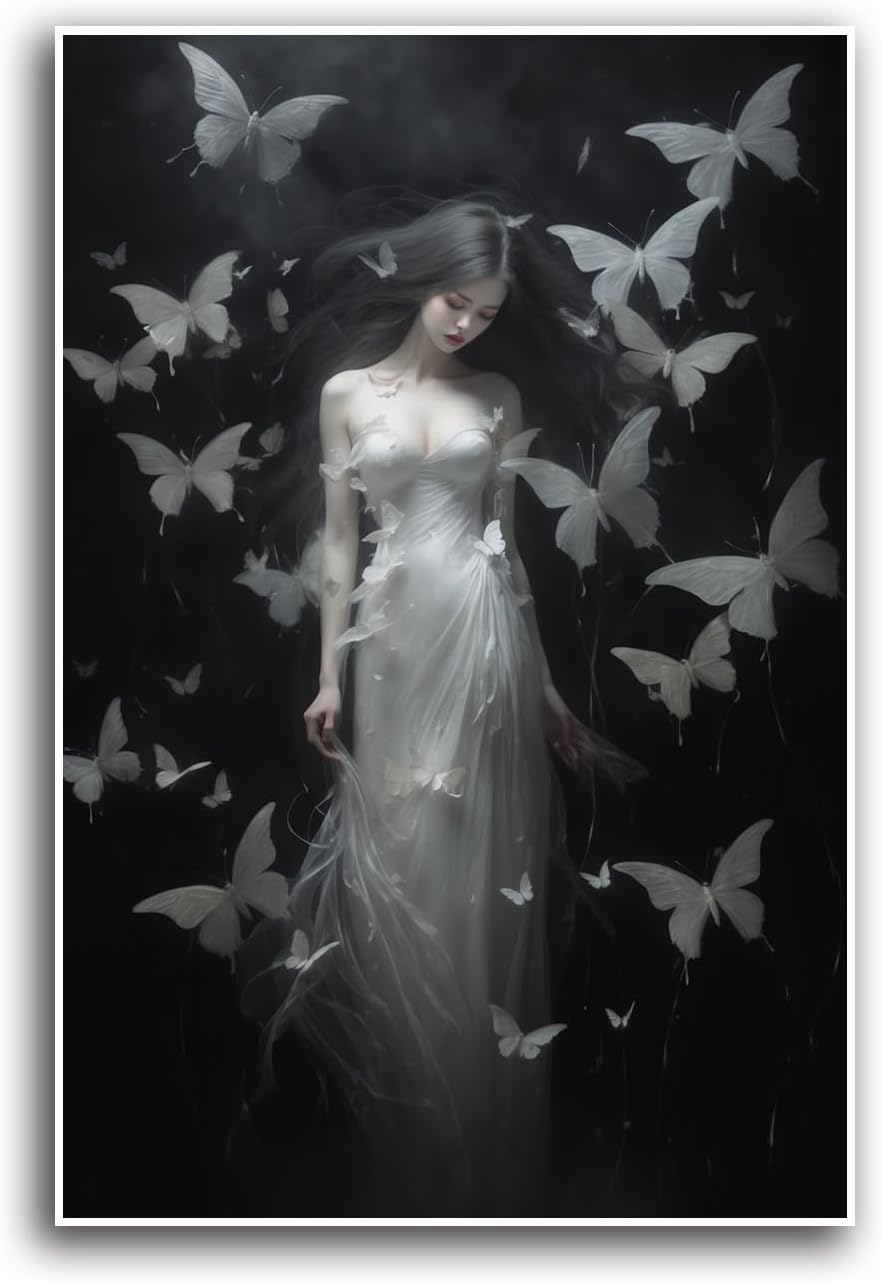 JFHCQJPK Vintage Gothic Feminine Canvas Wall Art Print Butterfly Poster Moody Female Wall Art Retro Artwork Dark College Decor for Home Bedroom28x40in Frameless