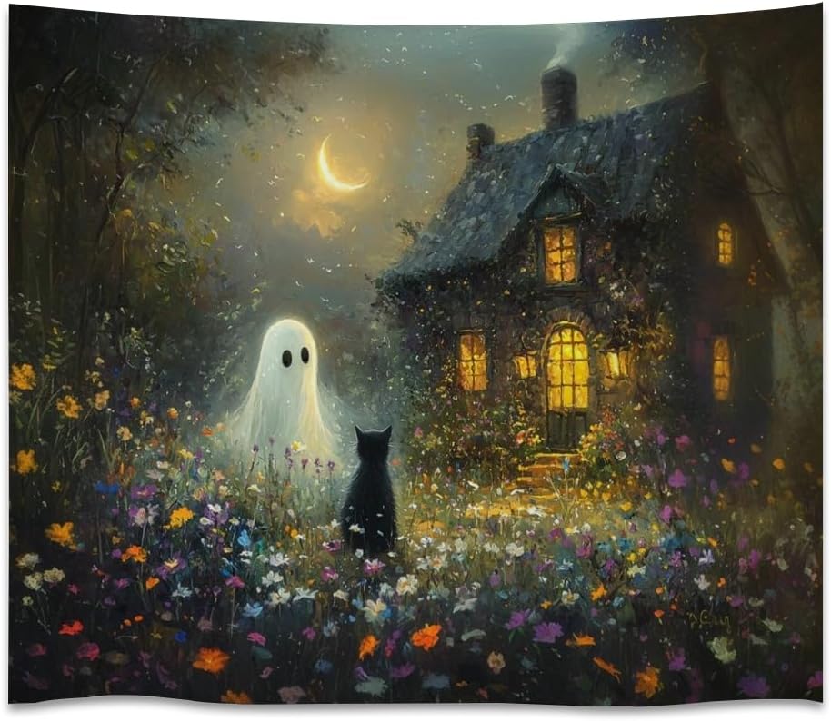 Halloween Black Cat and Ghost Tapestry Wall Hanging for Spooky Cute Bedroom Decor Dark Academia Moon Wildflower Cottage Tapestries Aesthetic for Home Living Room Decoration 40x60inch