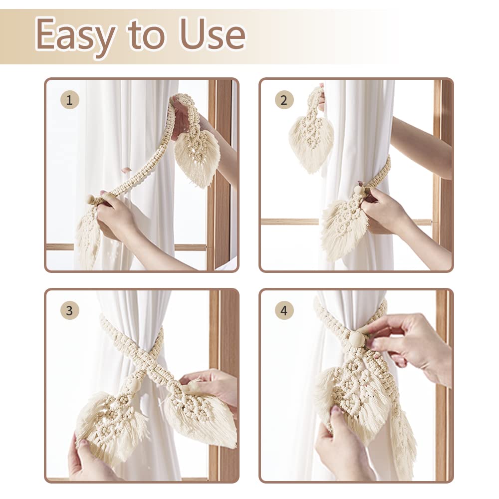 2-Pack Boho Cotton Curtain Tiebacks with Handmade Double Leaves & Adjustable Wood Beads (Beige)