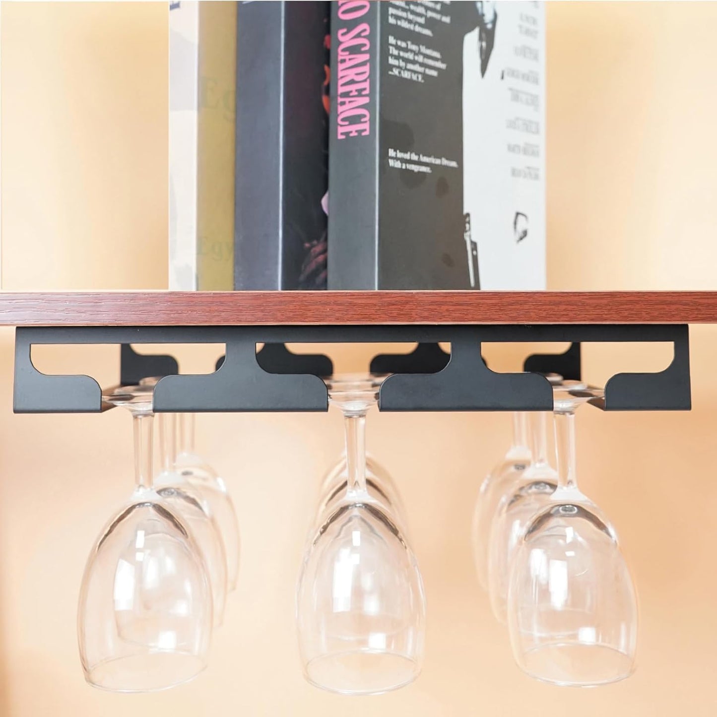 Wine Glass Holder - Hangers Under Shelf Cabinet Stemware Wine Glass Rack Glasses Storage Hanger Metal Hanging Organizer for Bar Kitchen 3 Rows 2 Packs Black