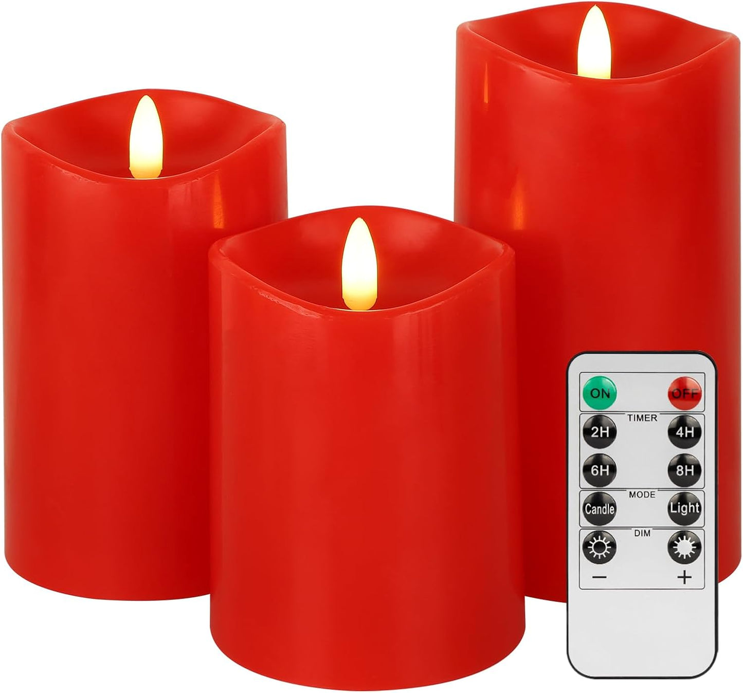 Red Flameless Candles with Remote, Flickering Battery Operated Candles with Timer, Real Wax LED Pillar Fake Candles for Christmas Party Home Decor, Set of 3
