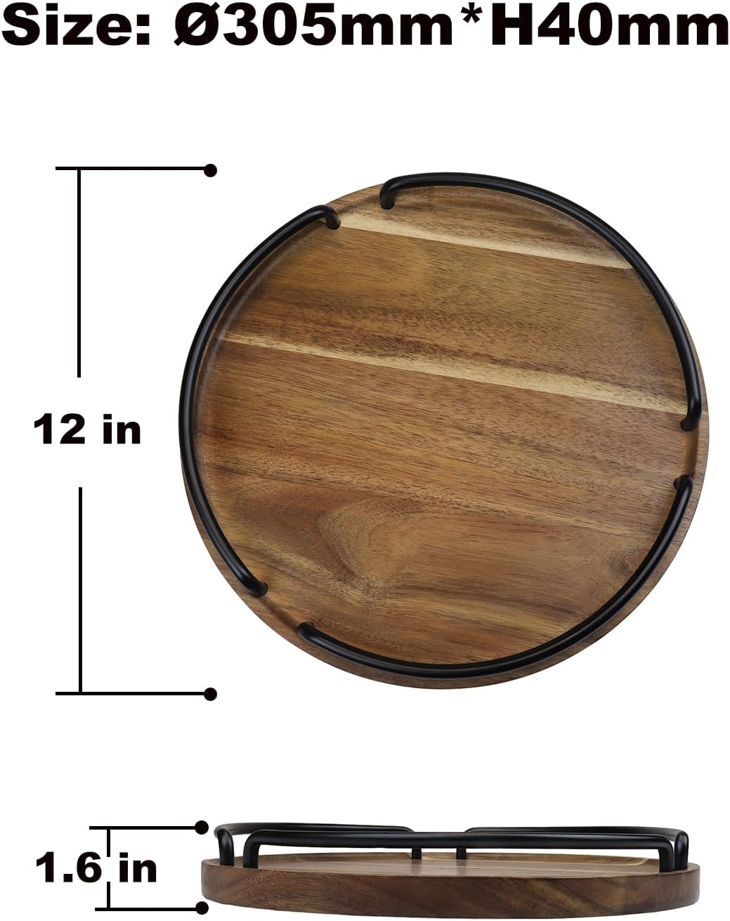 Round Wooden Serving Tray - Rustic Style Decorative Tray for Coffee Table, Living Room, Vanity - Acacia Wood Tray with Handles - Housewarming Gift - 12 Inches (Diameter)