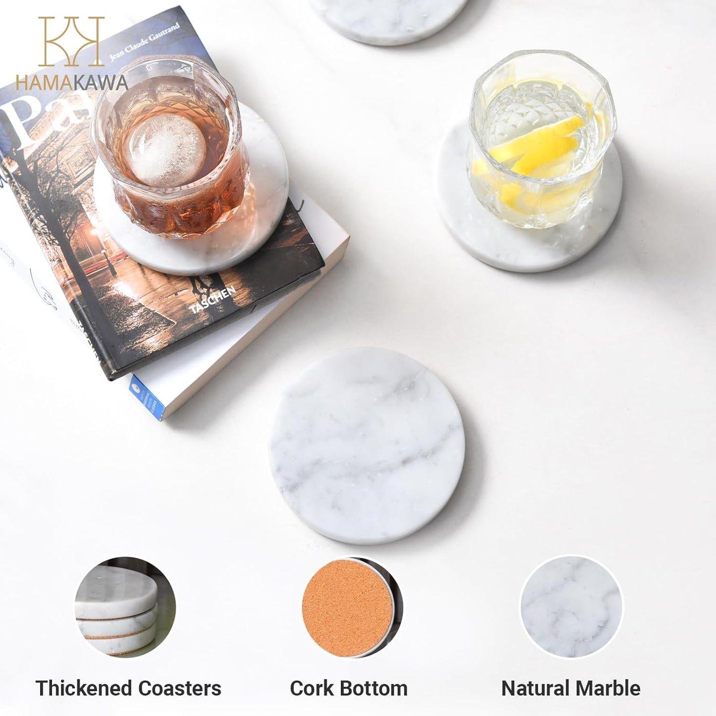 Real Natural Marble Coasters Set of 4, Carrara White Limestone 4 Inch/10 cm, Modern Round Stone, Trendy Drink Coasters for Coffee Table, Kitchen Decor, Office