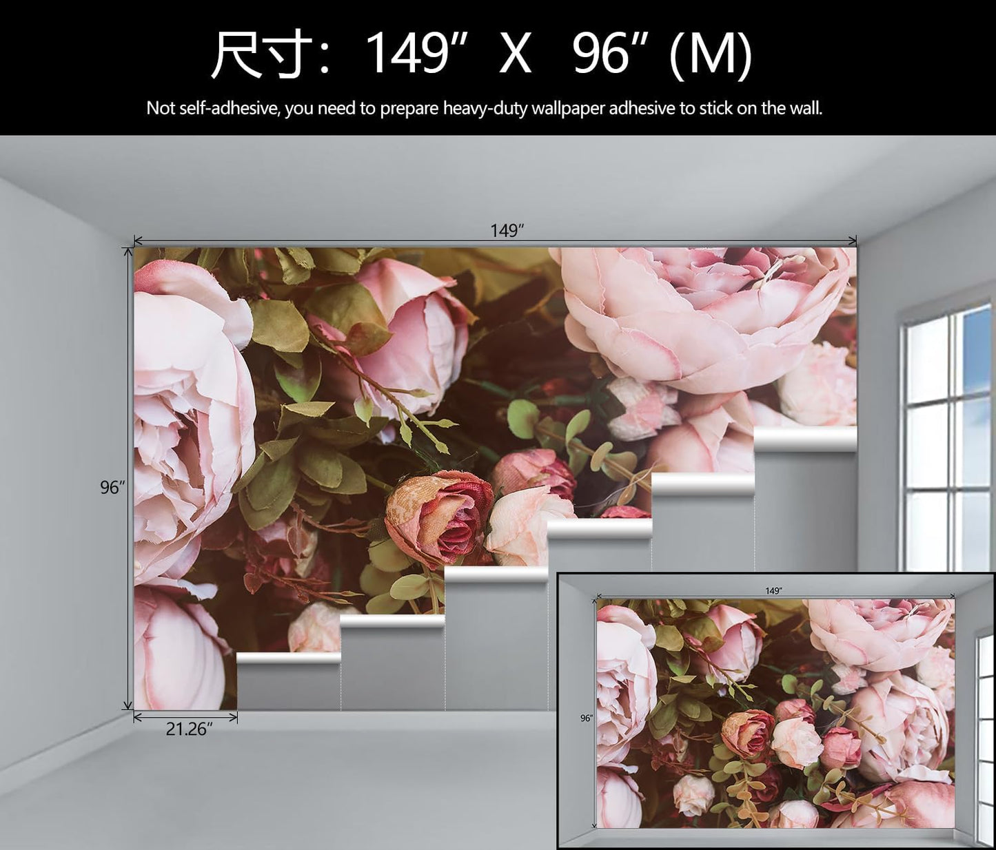 Large Peony Floral Wallpaper Girls Bedroom Pink Rose Flower Wall Mural (Not Peel and Stick)