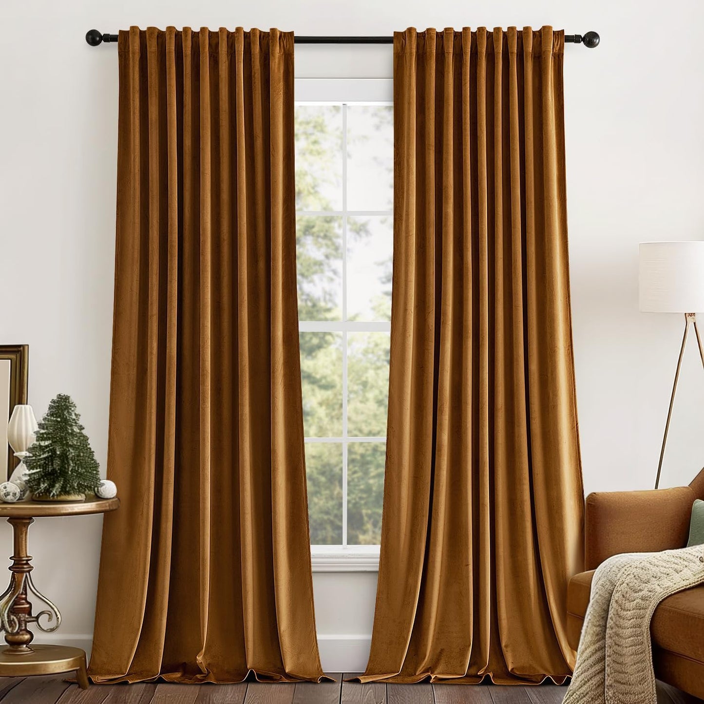 MIULEE Gold Brown Velvet Curtains 108 inches Long 2 Panels - Luxury Pinch Pleated Room Darkening Window Drapes for Bedroom Living Room Thermal Insulated Super Soft Extra Long, Back Tab Rod Pocket