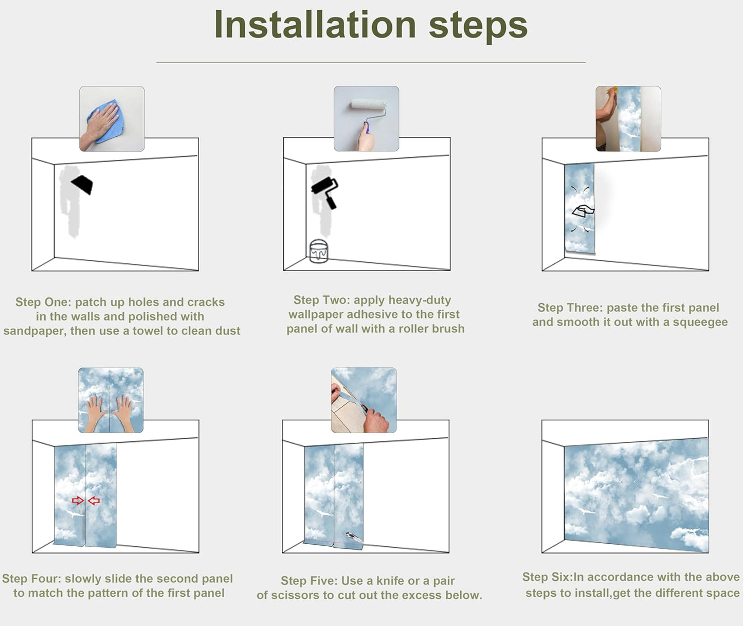 Blue Sky and White Cloud Wallpaper for Ceiling White Pigeon Wall Mural for Bedroom Living Room (Not Peel n' Stick)