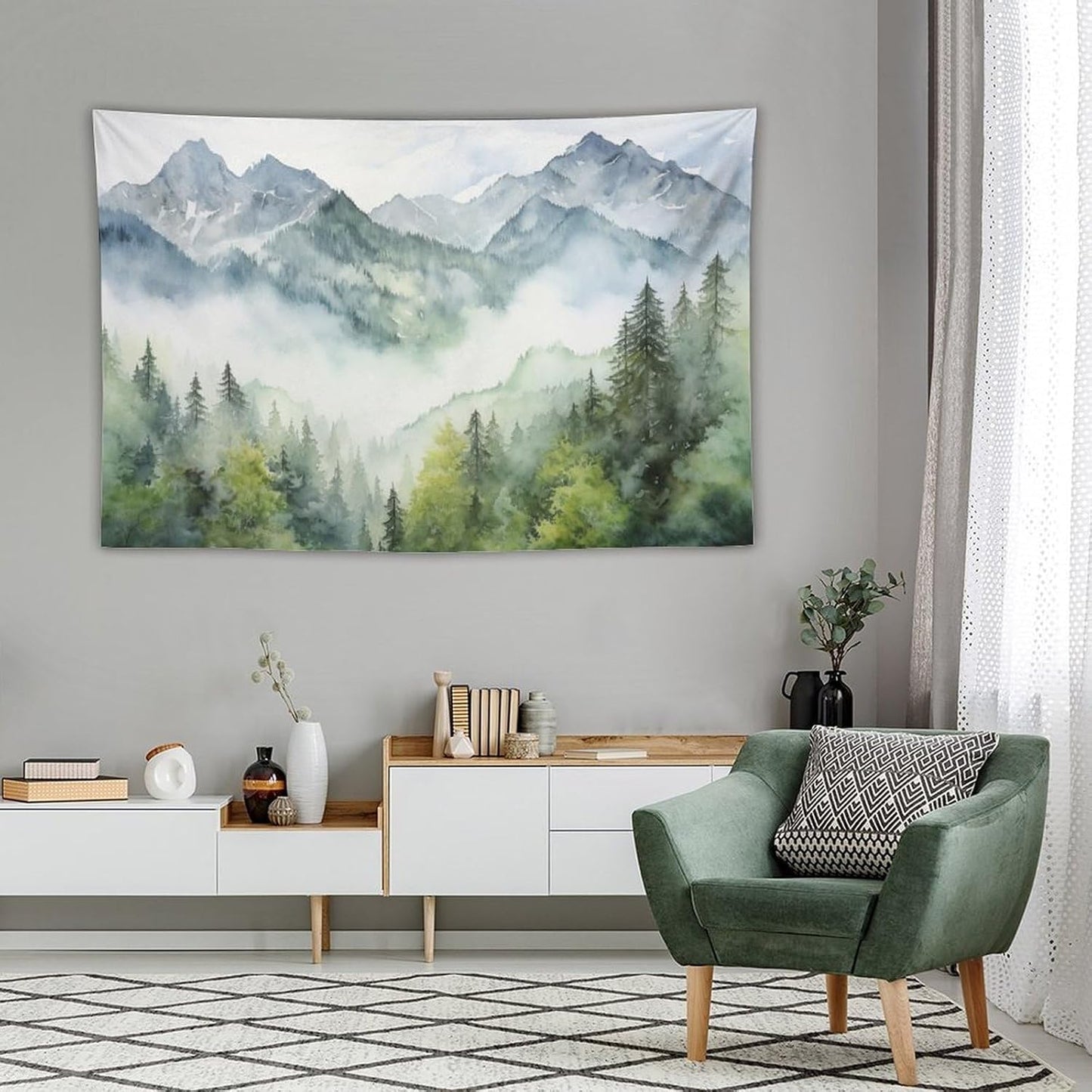 HZOHNAGO Mountain Tapestry Misty Green Forest Mountain Pattern Printed Wall Tapestry Wall Hanging for Bedroom Living Room Dorm 60" W x 40" H