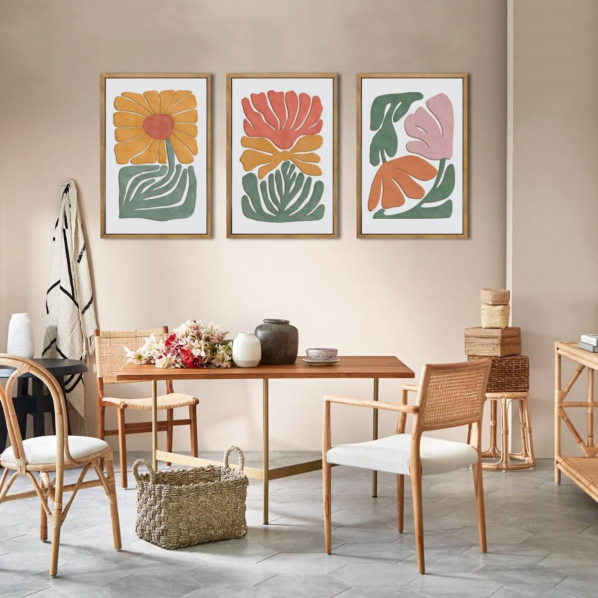 Large Abstract Boho Floral Wall Art Set Colorful Botanical Wood Wall Decor Modern Mid Century Artwork Neutral Bohemian Art Decor for Living Room Bedroom Office-16x24Inch x3