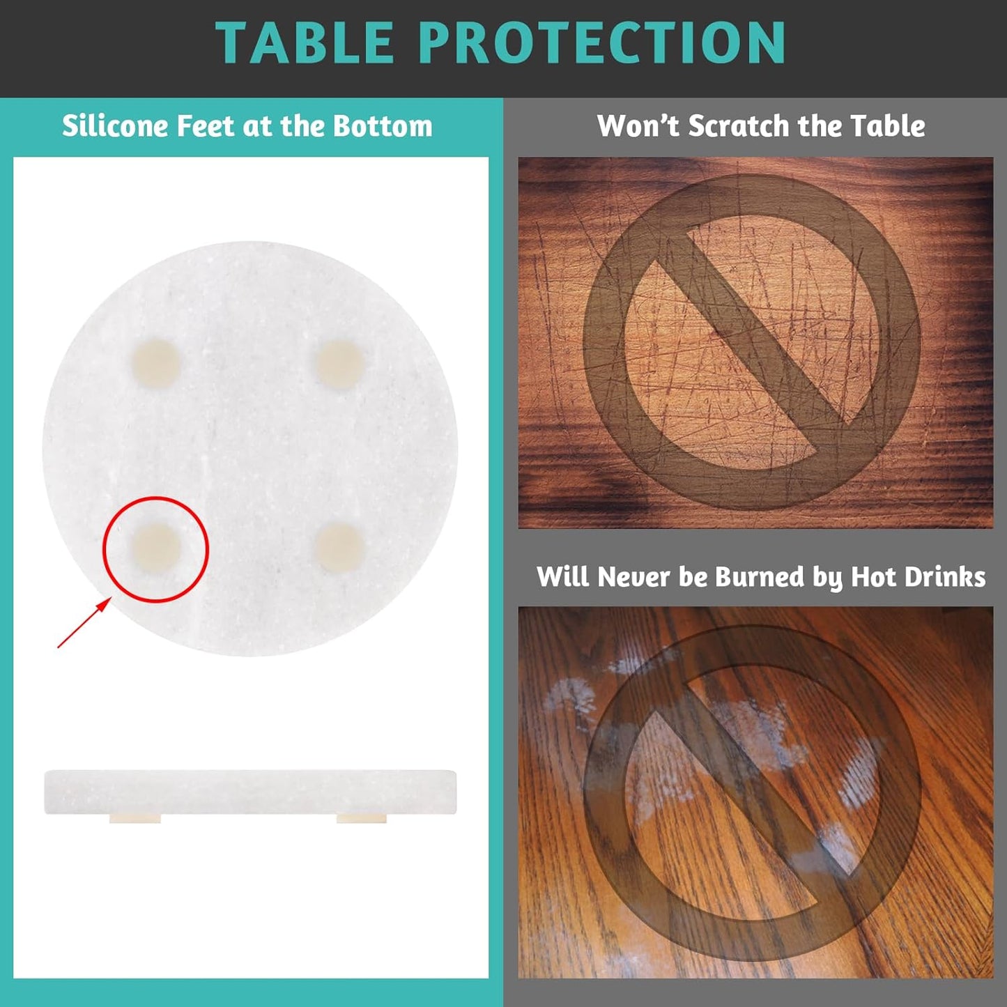 White Marble Coasters with Bling Particles, Set of 6 - Natural Marble Stone Drink Coaster with Protective Silicone Feet, 4 inch Diameter, 0.4 inch Thick - Heat-Resistant Coasters for Coffee Table