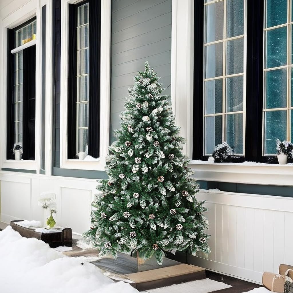 Artificial Christmas Tree 5/6/7/7.5 Foot Flocked Snow Trees with Pine Cone Decoration Unlit
