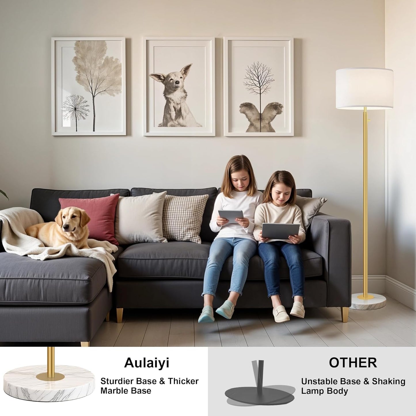 Floor Lamp for Living Room,Dimmable Gold Floor Lamp,Modern Standing Lamp with Marble Base,Tall Standing Lamp for Bedroom, Reading,Office & Kids' Room,LED Bulb Included(Gold)