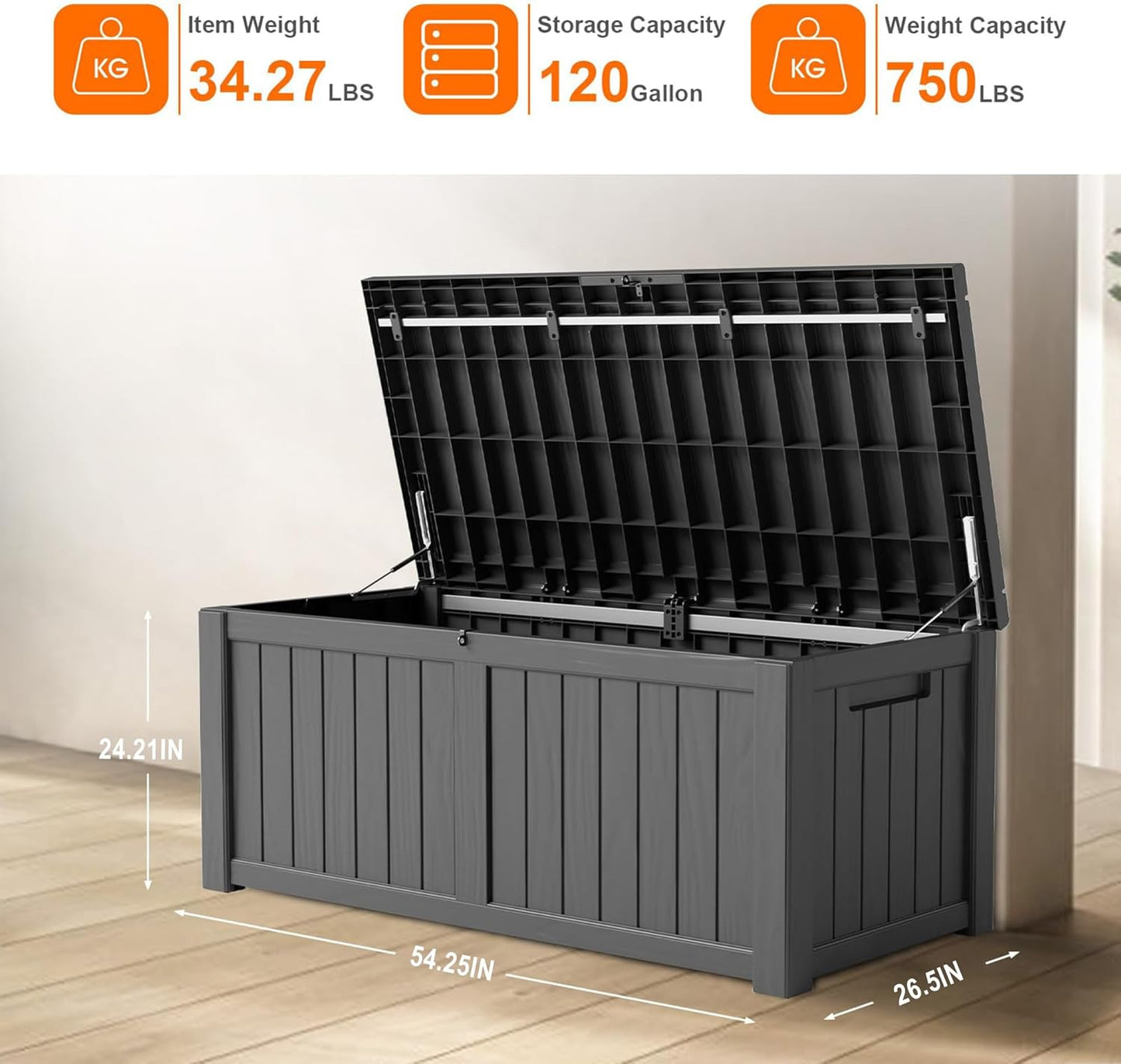 120 Gallon Resin Deck Box, Lockable Patio Outdoor Storage Box for Furniture, Garden Tools and Tools Storage, Waterproof Outside Storage Boxes - Black