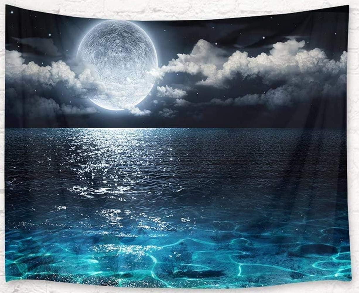 LB Moon Over Ocean Tapestry, Night Sky Tapestry Wall Hanging, 3D Fantasy Psychedelic Watercolor Wall Art for Bedroom Living Room Dorm Home Decor, 60 x 40 Inches