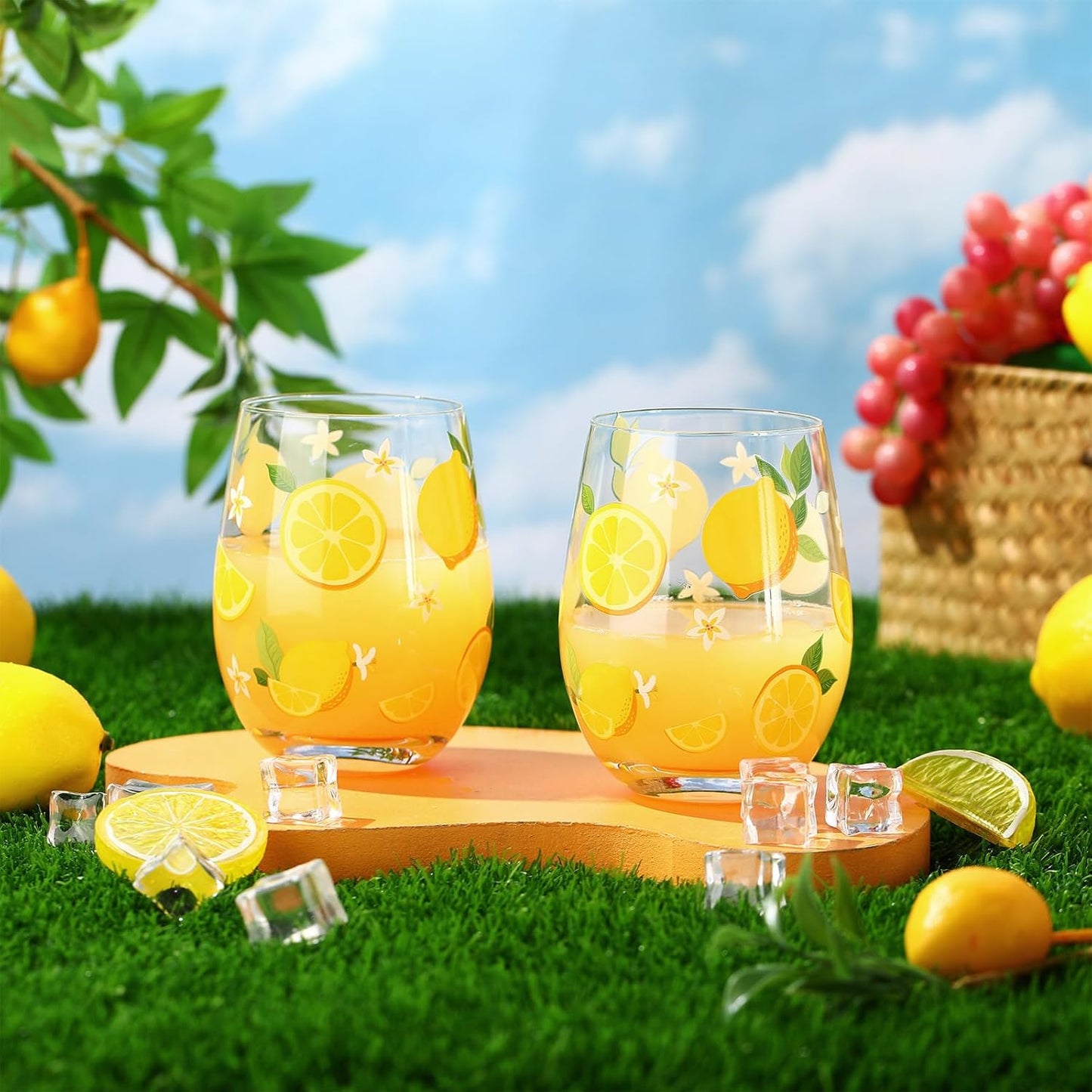 Sliner 2 Pack Lemon Stemless Wine Glasses 17oz Lemon Drinking Glasses Clear Stemless Wine Tumbler Unique Gift for Wedding, Mother's Day Birthday Drinking Party