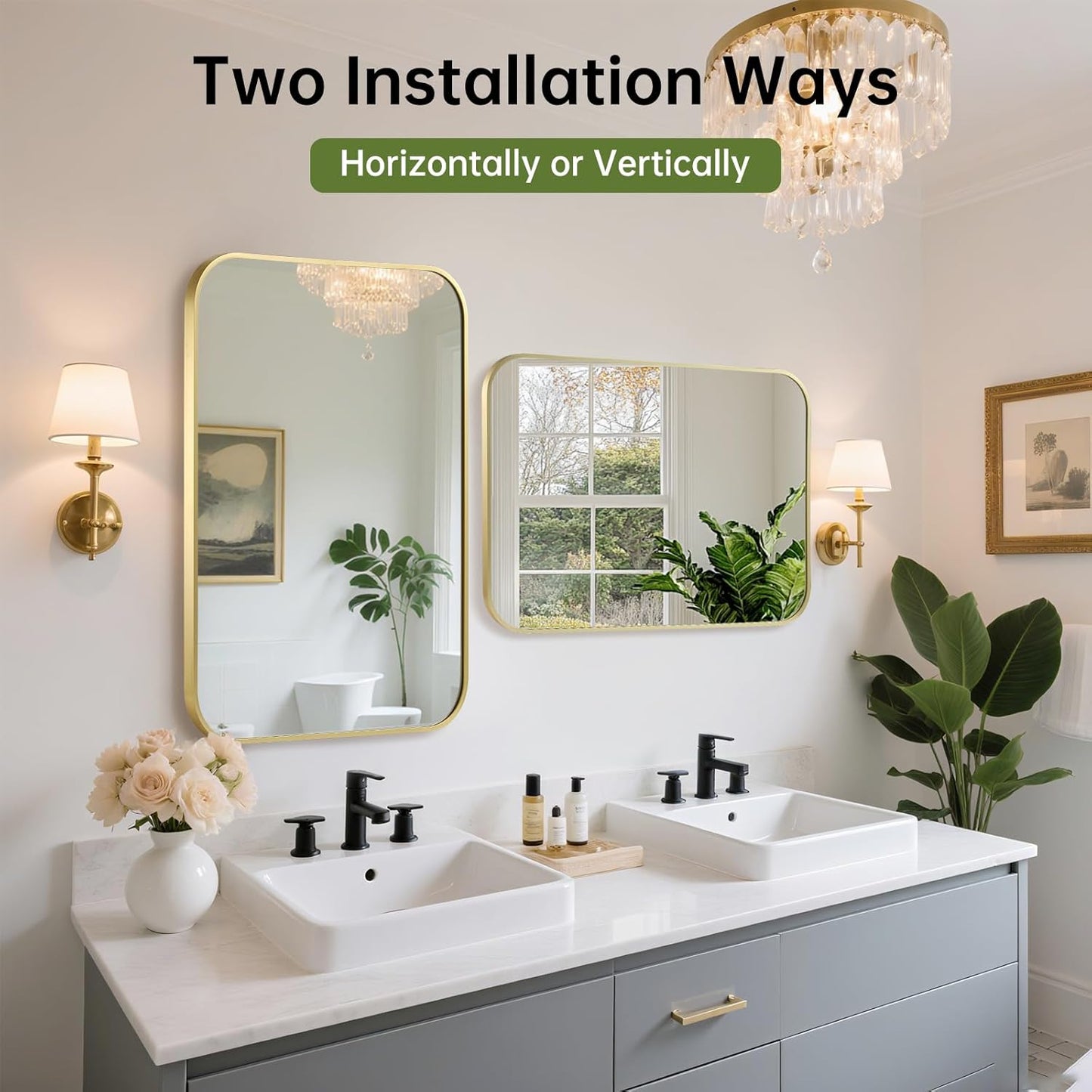 FARMER 24x36 Inch Gold Bathroom Mirror, Rectangle Vanity Mirror, Brushed Mirrors for Wall, Metal Frame Hanging Mirror with Round Corner for Bedrooms, Entryways, Living Rooms, Horizontal/Vertical