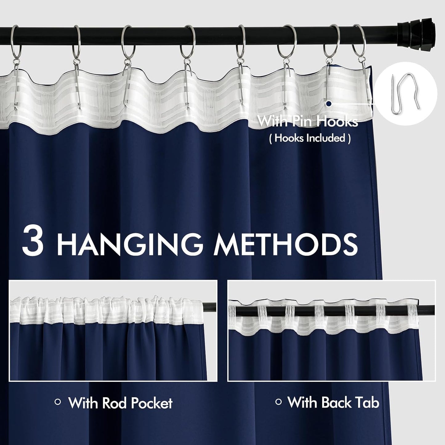 MIULEE Navy Blue Back Tab Blackout Curtains 120 Inch Long 2 Panels Set for Bedroom, Rod Pocket/Pinch Pleated Extra Long Thermal Insulated Living Room Darkening Light Blocking 10FT Drapes