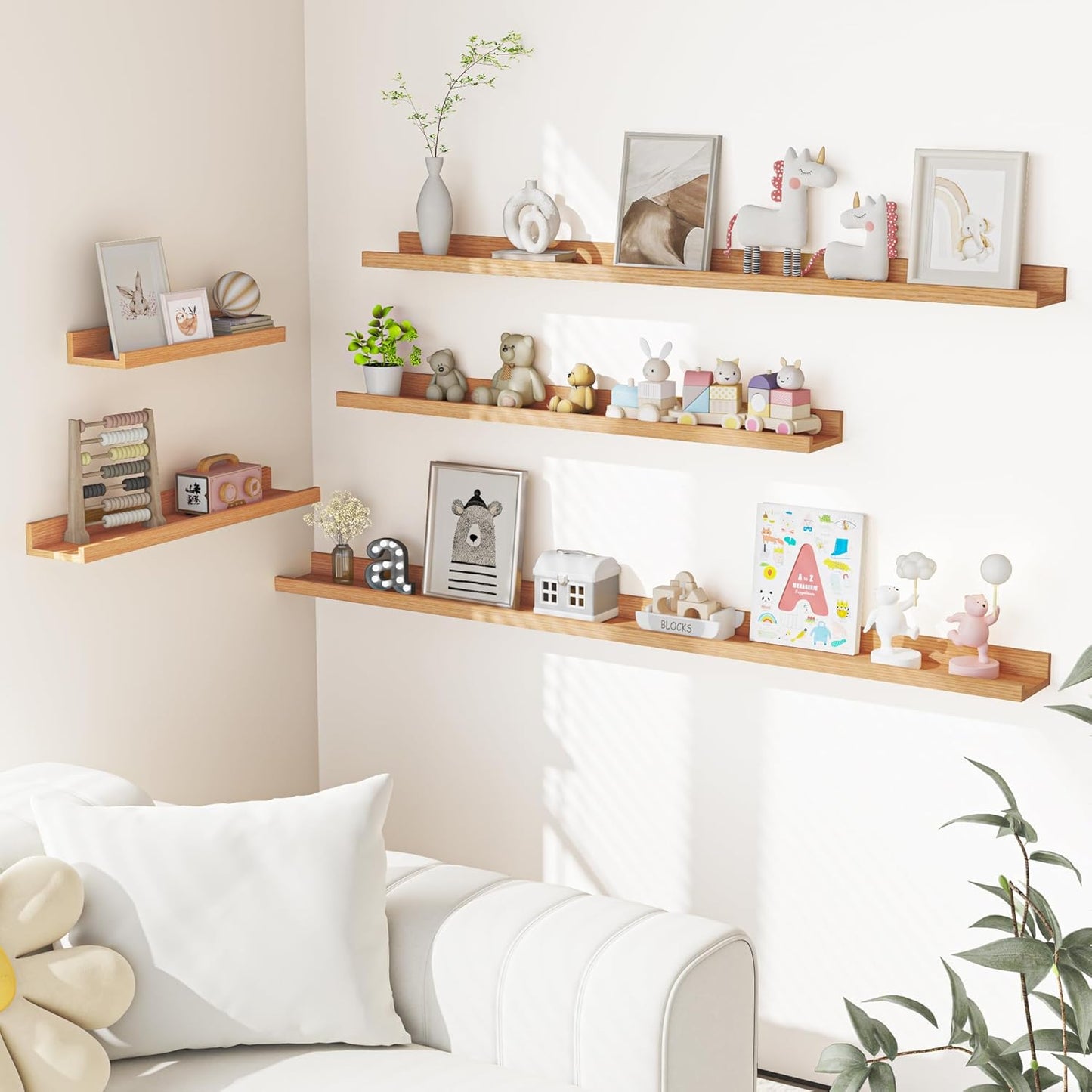 Heimlove Picture Ledge Shelf, Floating Shelves Set of 2, 72 Inches Long Large Picture Shelf for Wall with Ledge, Kids Bookshelf Wall Mounted for Living Room Bedroom Decor Books Photo Frames, Oak