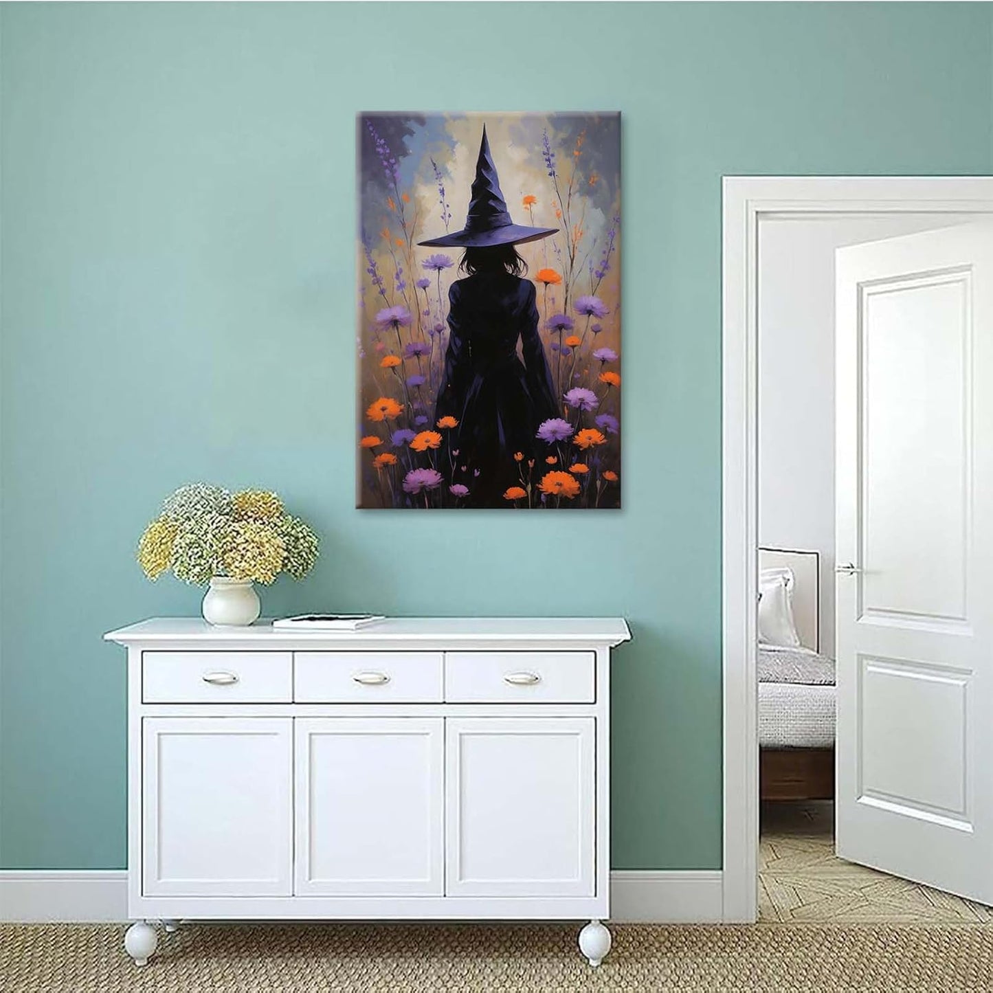 JFHCQJPK Country wildflower witch canvas print halloween mashup art witch purple decoration bohemian elegant art poster12x16in Frameless