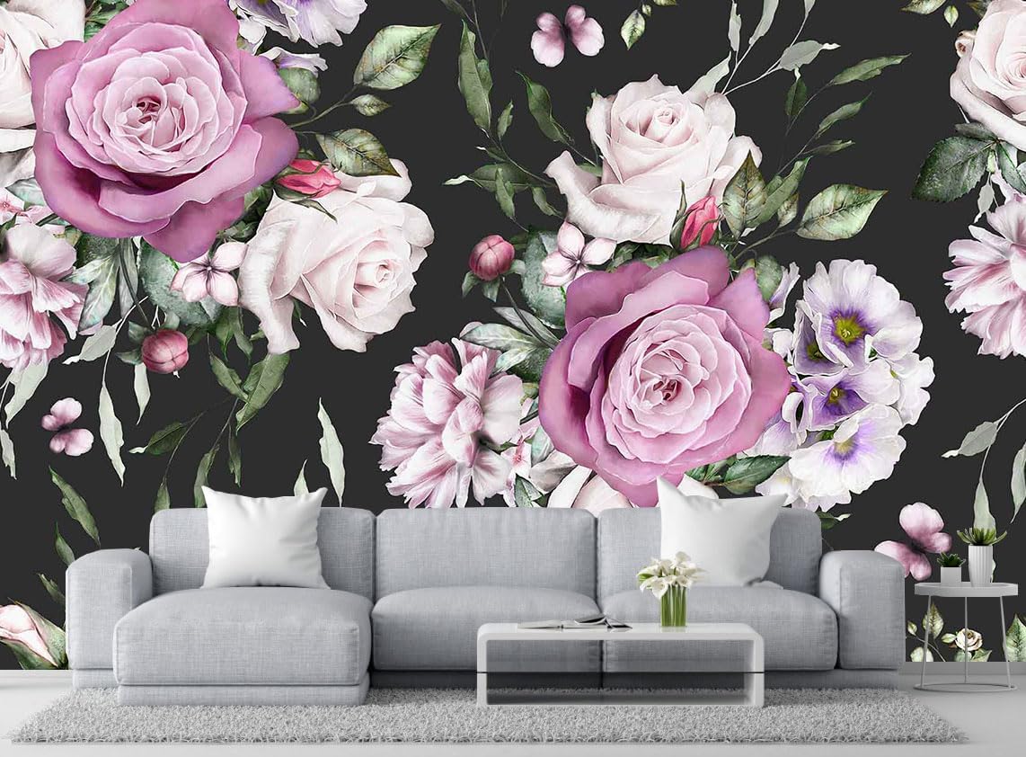 Seamless Pattern of Flowers and Exotic Leaves on a Black Background. Floral Roses and Peonies Wall Mural(Non-self-Adhesive)