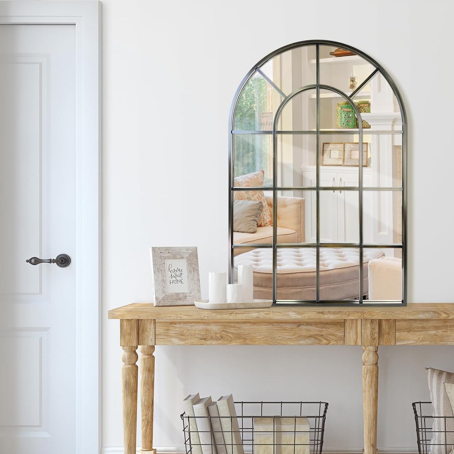 Arched Windowpane Wall Mirror 30"x40" Bronze Wall Mounted Art Pane Mirror Farmhouse Decorative Mirror Leaning Hanging Wall Mirror for Bedroom Living Room Entrance Hallway Wall Decor