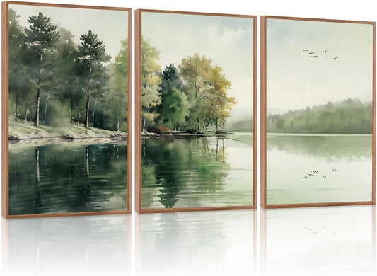 KAIRNE Framed Nature Canvas Wall Art Set,Misty Forest Wall Decor,Green Mountain Forest Pictures,Lake Water Painting set of 3(16”x24”),Landscape Scene Print for Living Room, Bedroom,Gallery Decor
