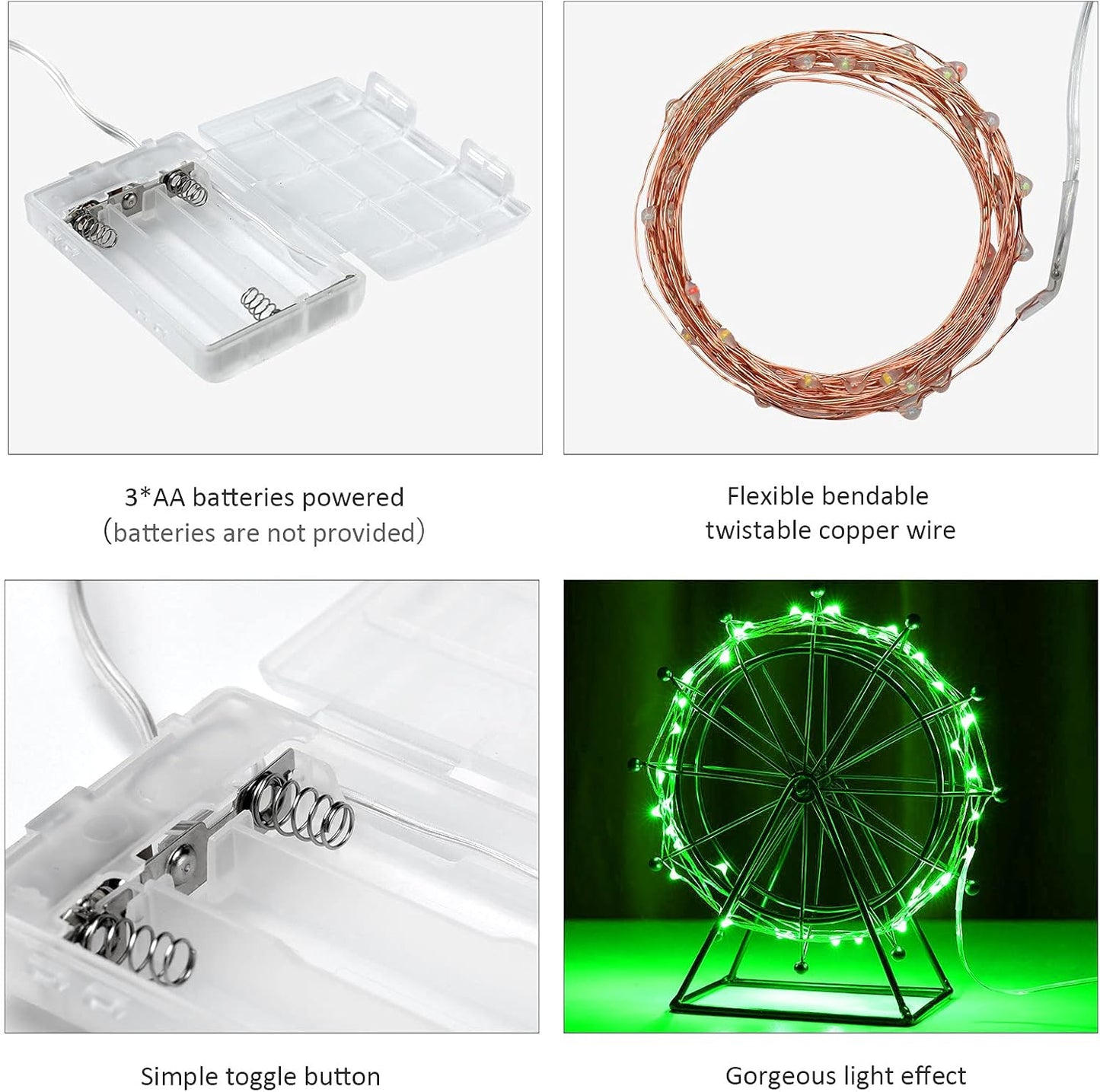 Mini St. Patrick's Day Fairy Lights Battery Operate, 2 Pack Copper Wire 3*AAA Battery Powered Led Starry Fairy String Lights for Bedroom, Christmas, Party, Wedding, Decoration(5m/16ft Green)