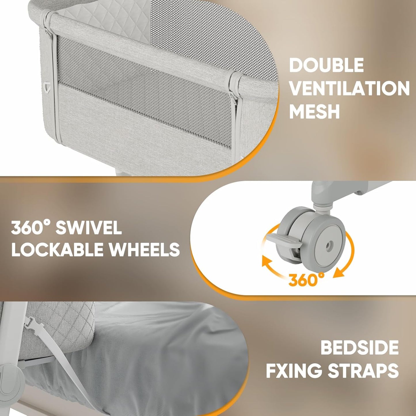 Baby Bassinets, 9 Height Adjustable Bedside Bassinet for Baby, Bedside Sleeper Bassinet with Breathable Mesh and Lockable Wheels, New Born Baby Essentials Must Haves