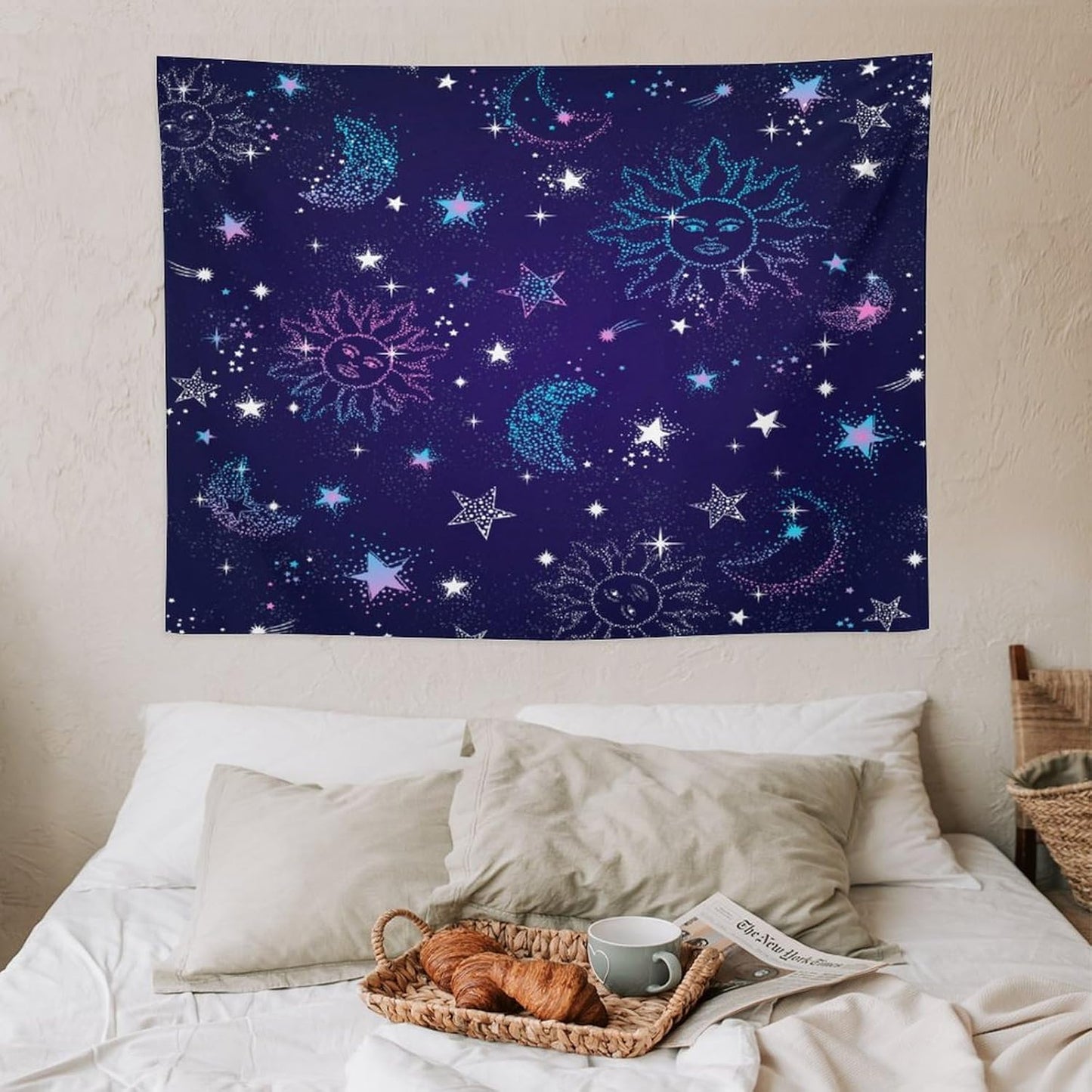 HZOHNAGO Boho Sun Moon Tapestry Purple Blue Sun Stars Galaxy Pattern Printed Wall Tapestry Wall Hanging for Bedroom Living Room Dorm 40" W x 30" H
