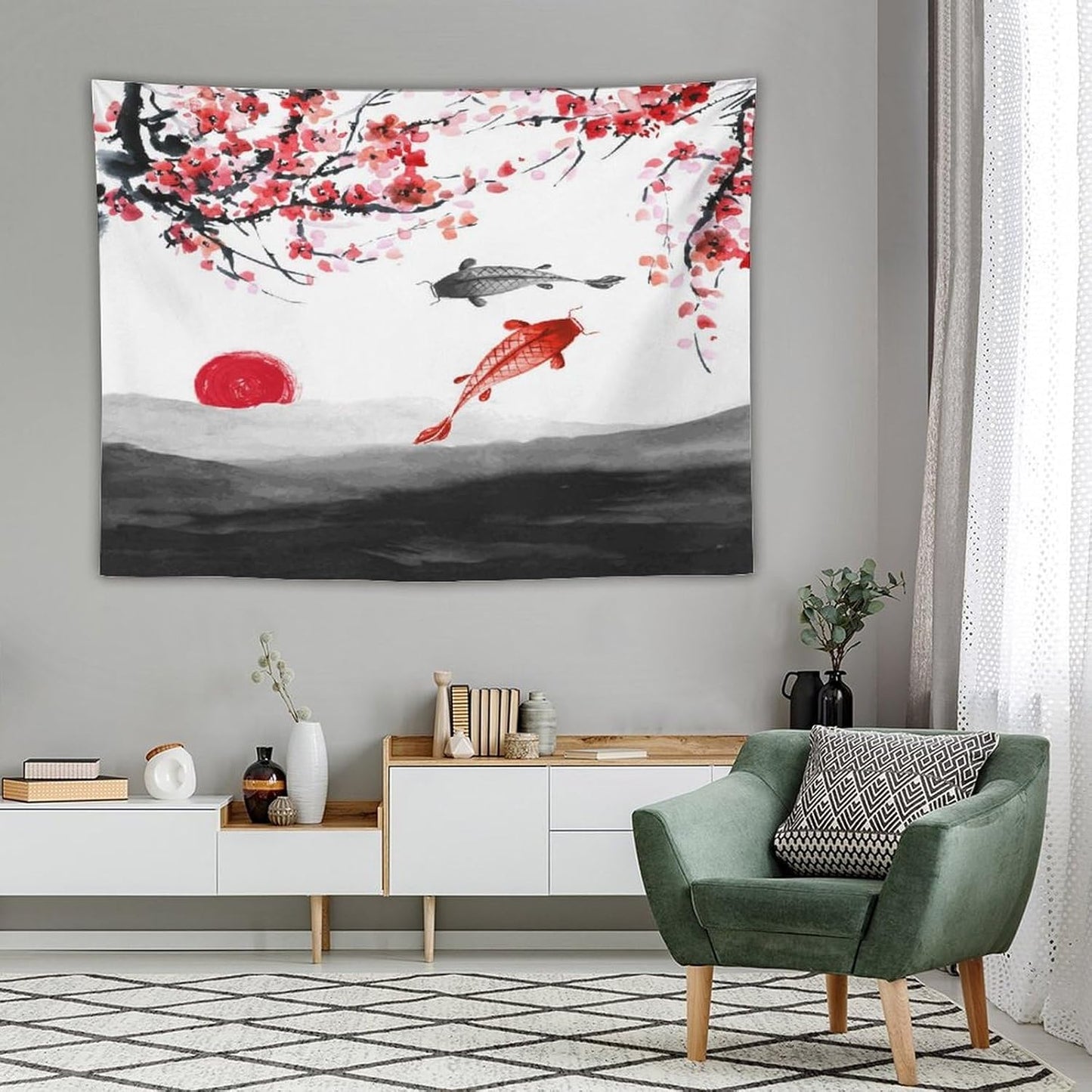Houselerax Japanese Koi Fish Tapestries, Cherry Blossoms Asian Oriental Flower Branch Koi Fish Carp Tapestry Wall Hanging for Bedroom Living Room Office Decor 80"x60"