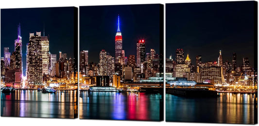 Biuteawal New York City Canvas Wall Art Manhattan Skyline Night View Picture Painting Modern Giclee Canvas Prints Home Office Living Room Wall Decoration