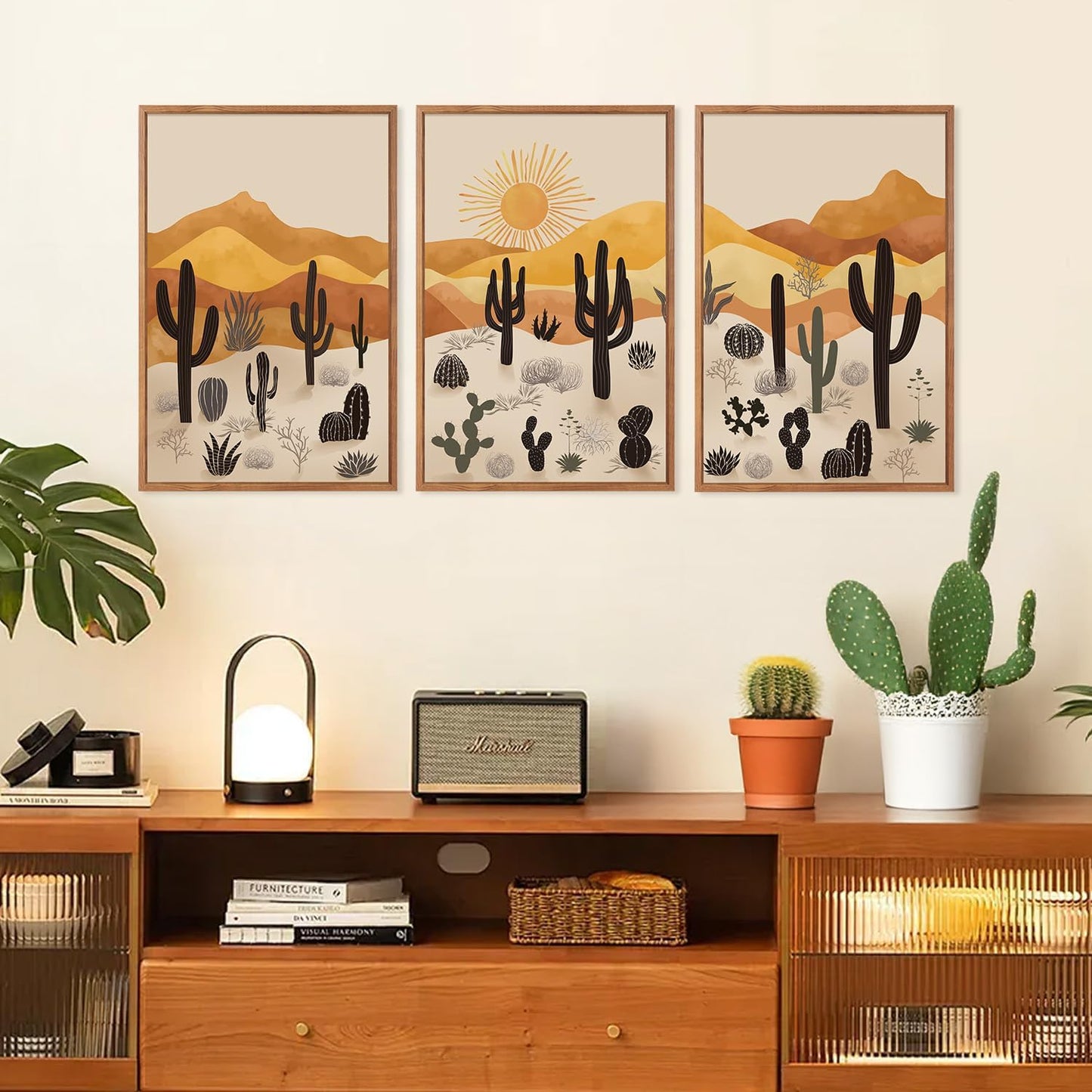 KAIRNE Cactus Canvas Wall Art,Desert Landscape Paintings,Aesthetic Abstract Prints Set of 3(16”X24”),Minimalist Farmhouse Wall Decor,Abstract Boho Artwork for Living Room Bedroom Office Decoration