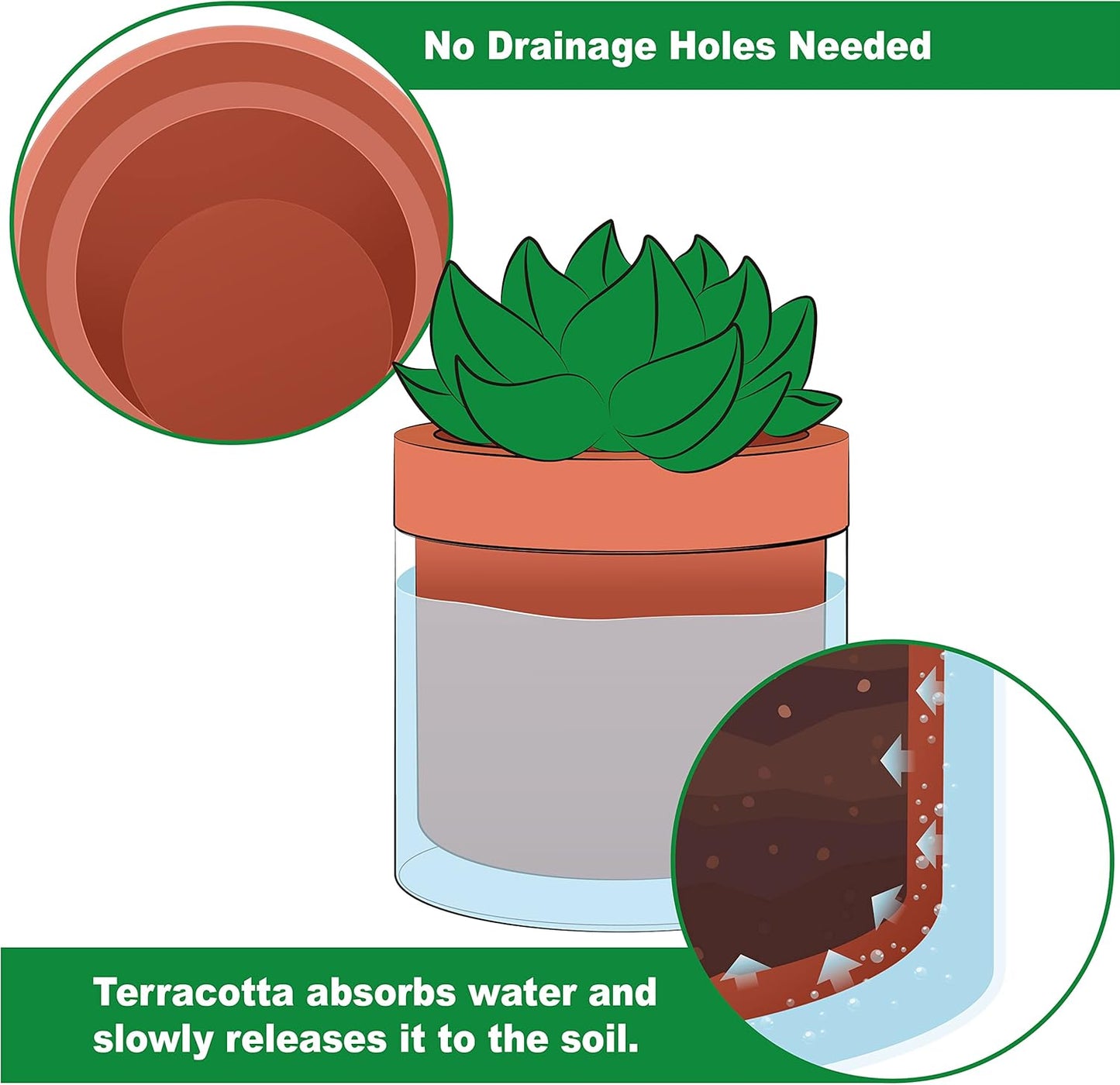 Phoenix Vine 4 Inch Self Watering Planter Pot, Terracotta Clay Pot with Glass Reservoir for Indoor Plants, Herbs, Flowers, Set of 4, 52-A-E-4