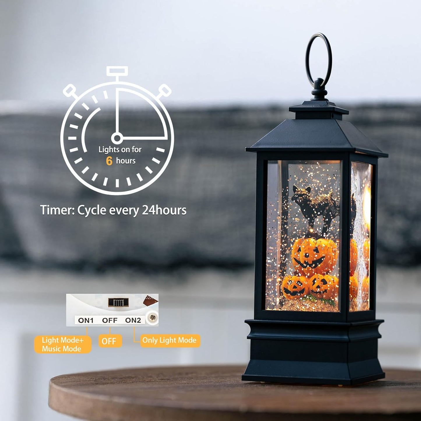 Halloween Snow Globe Lantern Water Glittering Spooky Witch' s Black Cat in Pumpkins with Music, USB Lined/Battery Operated Lighted Lantern for Halloween Festival Decoration Gifts