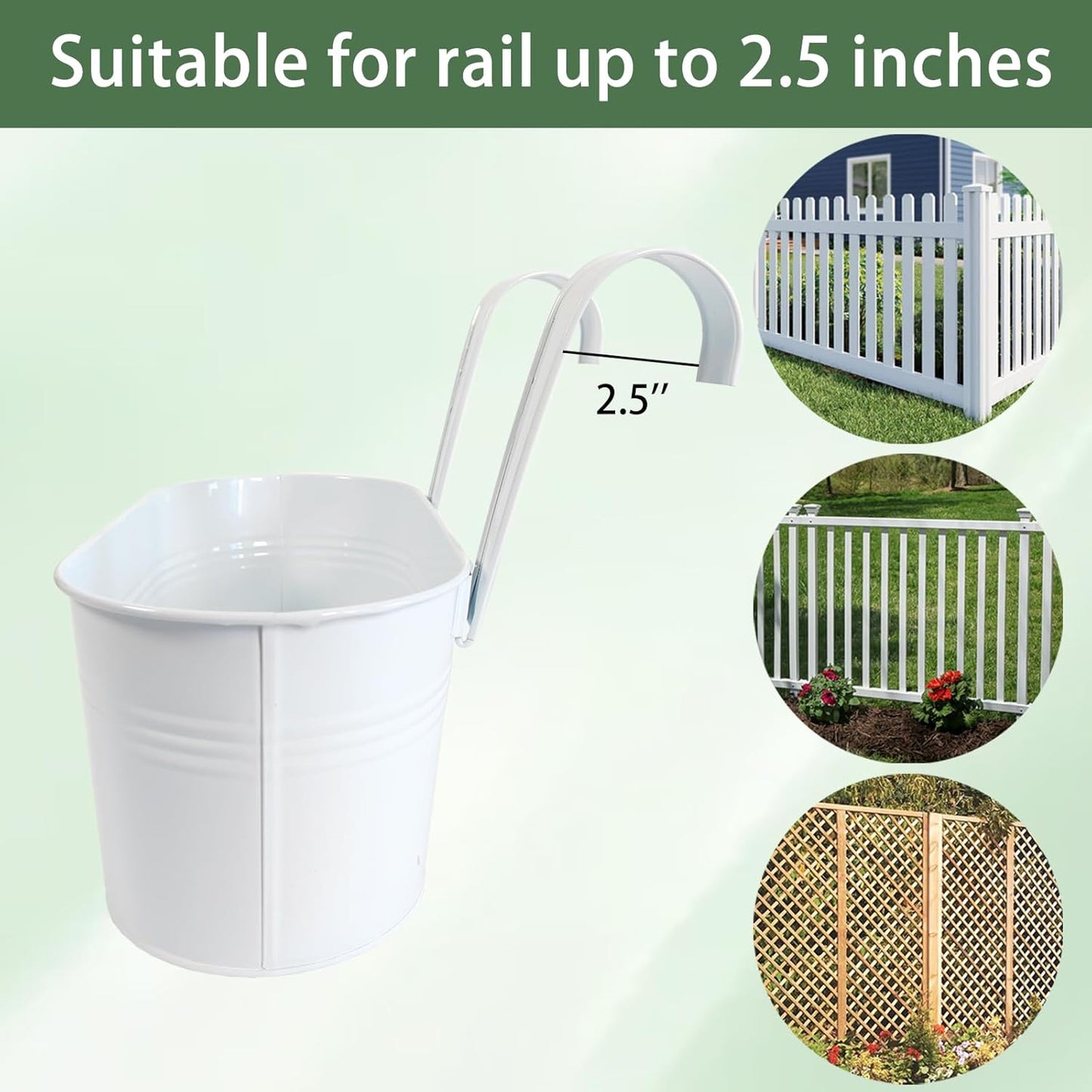 10" Hanging Flower Pots, Pack of 6 White Metal Outdoor Patio Balcony Planter, Railing Planters Fence Pot with Detachable Hook & Drainage Hole for Small Plants (White, 6Pcs)