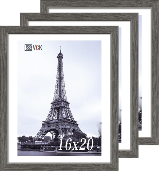 VCK 16x20 Picture Frames for Wall - 3 pack, Grey Natural Solid Wood Frame, Exclusive Wood Grain