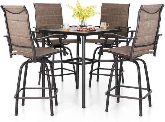 PHI VILLA 5 Piece Patio Bar Set, High Top Outdoor Table and Chairs for 4 with Swivel Padded Bar Stools Outside and Square Metal Bar Bistro Table for Garden, Deck and Poolside