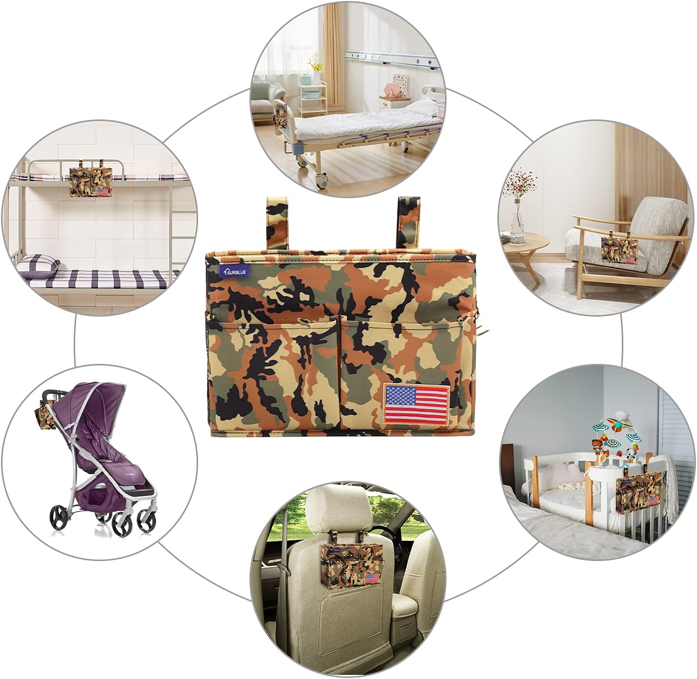 Surblue Bedside Caddy Hanging Organizer Storage Bag Pocket for Bunk, Hospital Beds, College Dorm Rooms, Baby Bed Rails, Wheelchair Side Bag, Camp Chairs, 4 Pockets and 2 Hooks (Small Desert)