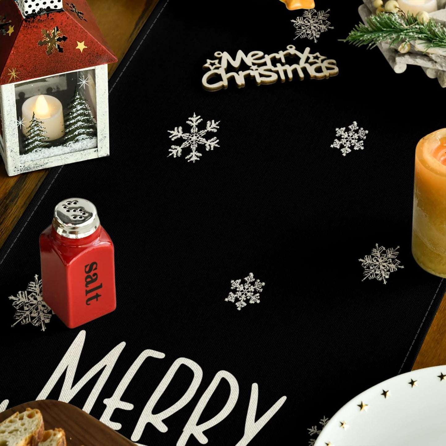 Artoid Mode Xmas Trees Snowflakes Black Merry Christmas Table Runner, Winter Seasonal Kitchen Dining Table Decoration for Home Party Decor 13x120 Inch