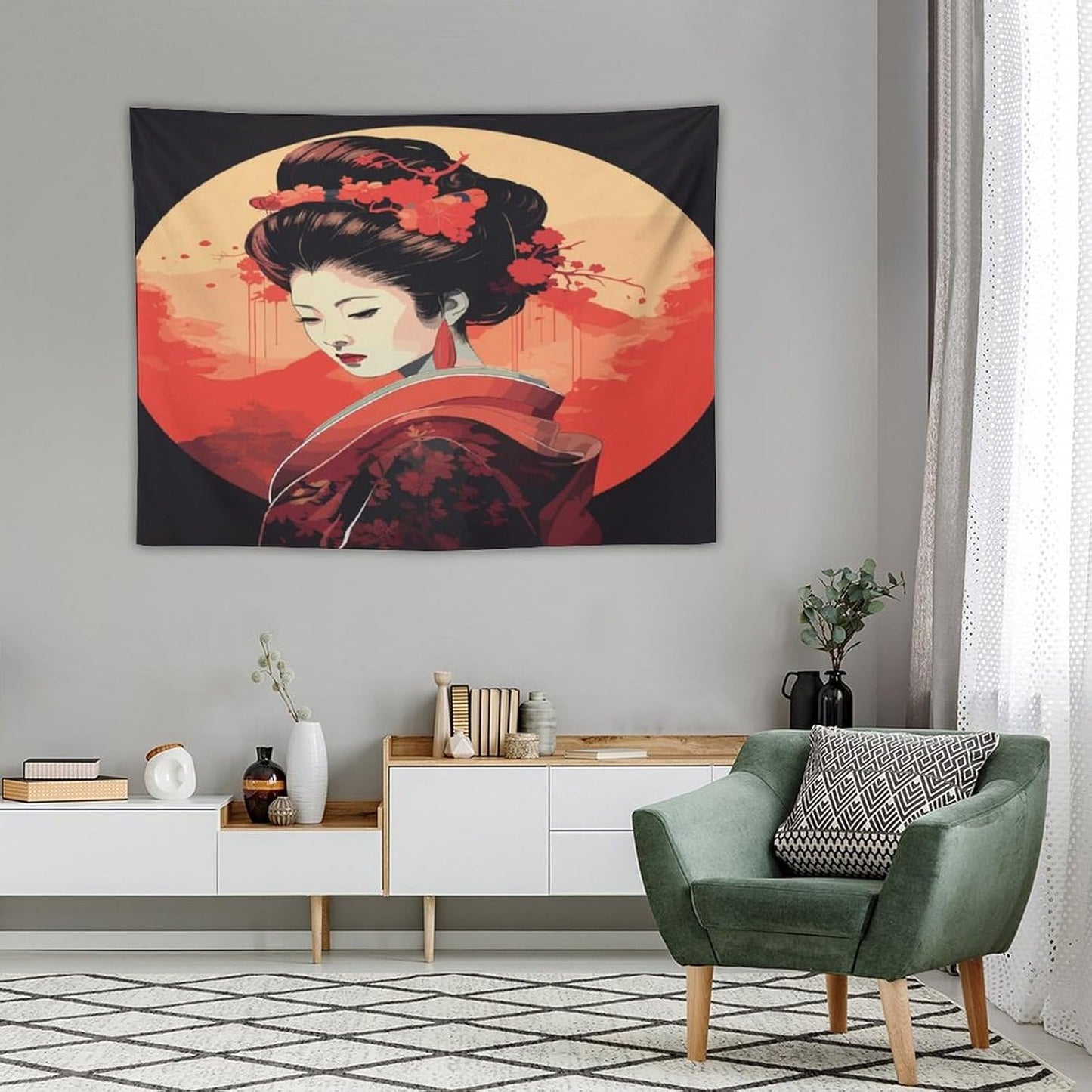 Japanese Woman Geisha Tapestry Asian Cherry Blossom Red Sun Traditional Kimono Folk Tapestries Home Decor for Living Room Bedroom Apartment Farmhouse Dorm 40"x30"